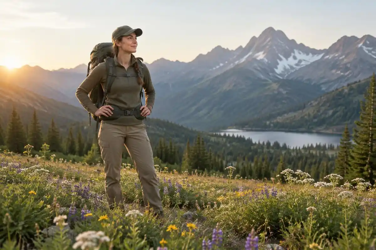 Hiker standing in a meadow with pack hip belt fitted over waist