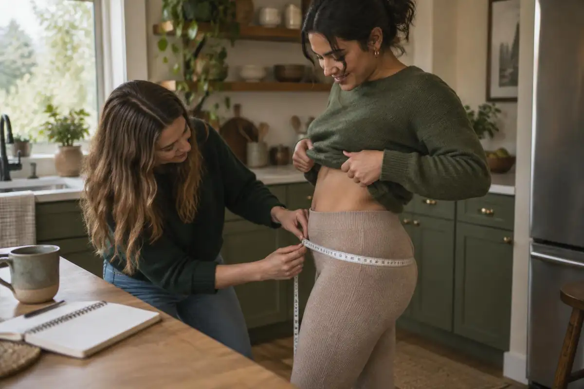 Friend measuring hips with a tape while smiling at a kitchen counter