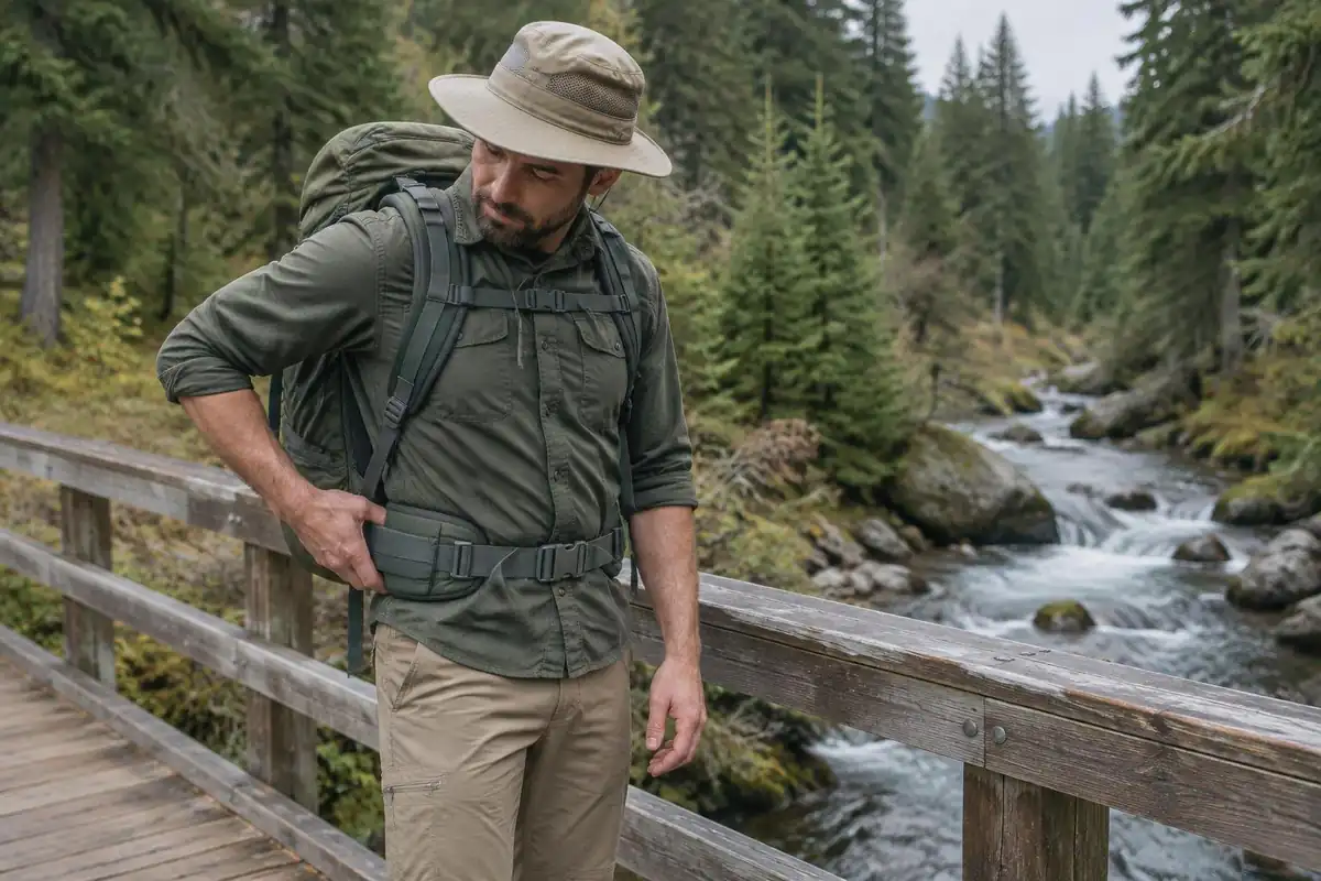 Hiker sliding a hand under the hip belt to check for bone contact