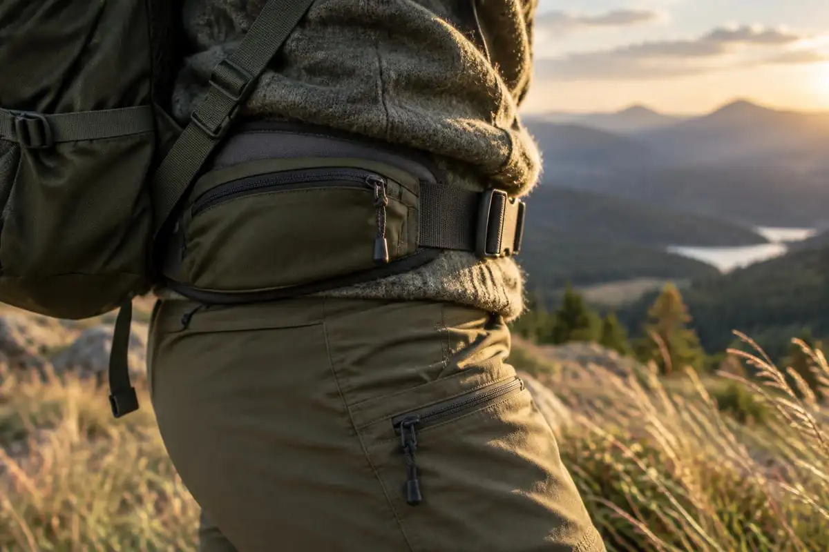 Hip belt padding compressed against a hip bone side view