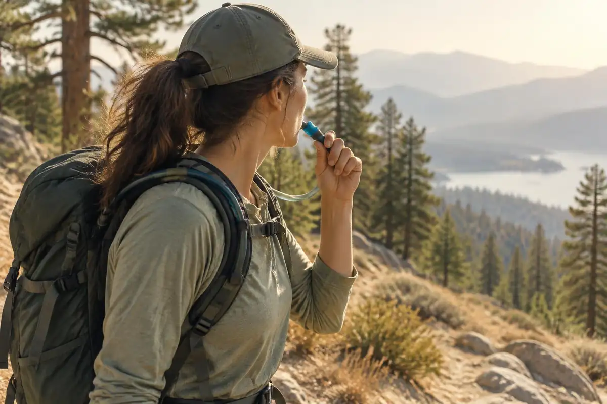 Hiker sipping from a hose over the shoulder on a sunny climb