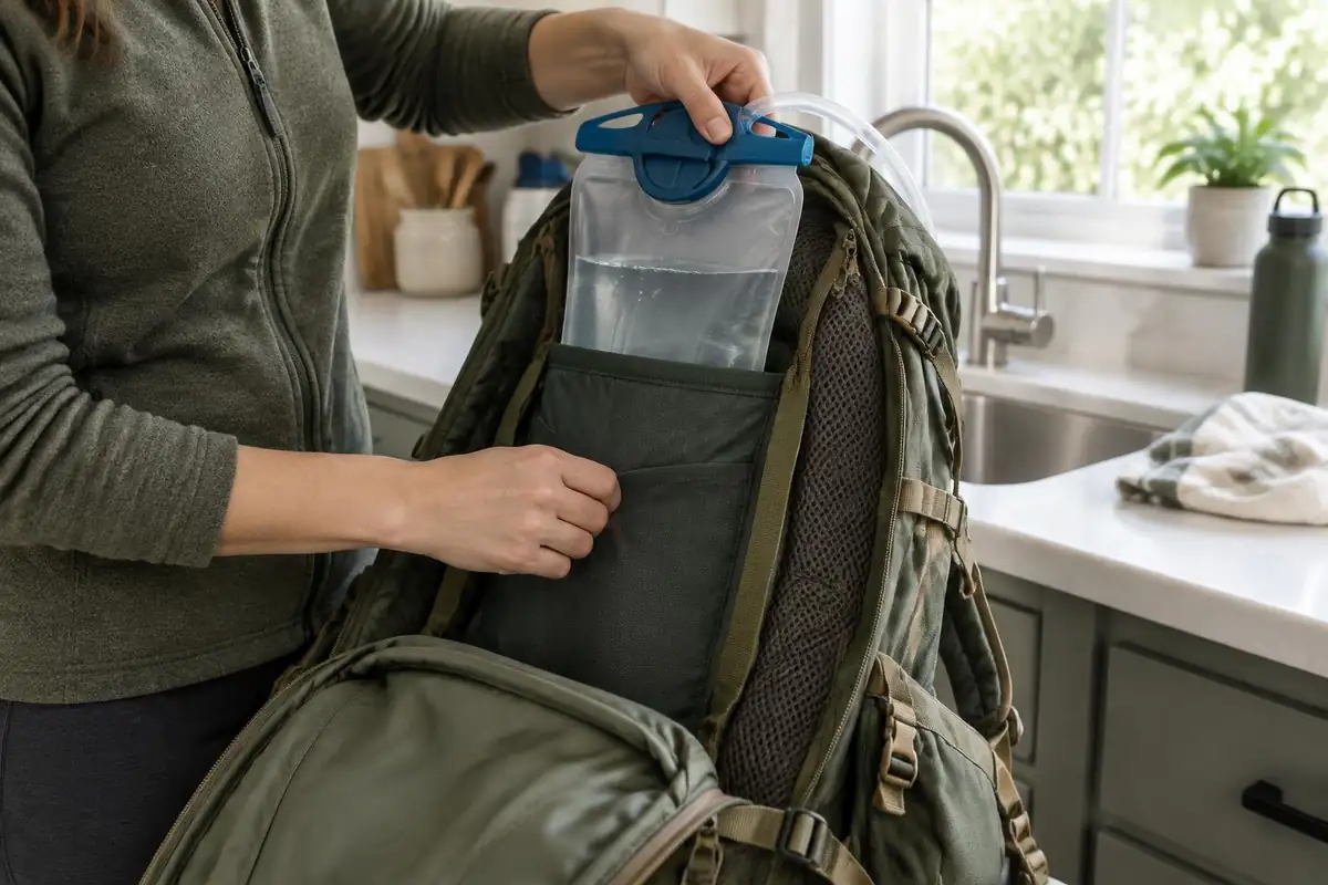 Hands sliding a filled reservoir into the back sleeve of a pack