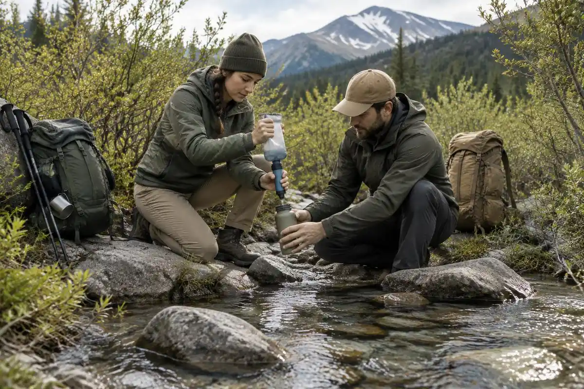 Two hikers refilling bottles at a stream crossing with a gentle filter setup