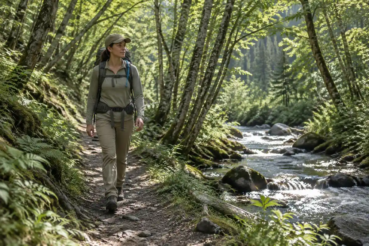 Hiker walking a shaded creekside trail with a hose from a reservoir