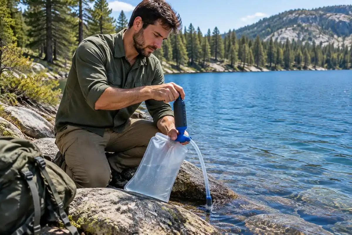 Man filling a bladder from a filter setup at a lakeshore
