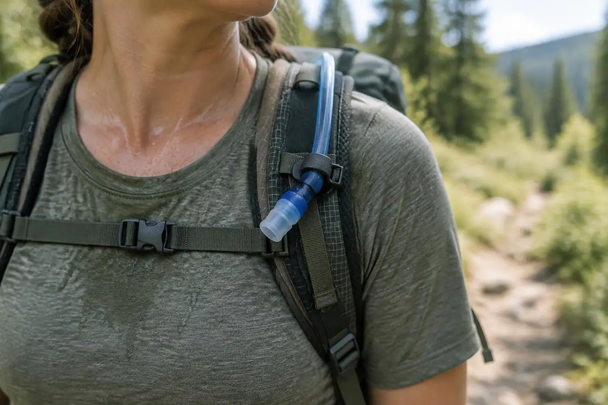 Bite valve and hose clipped to a shoulder strap