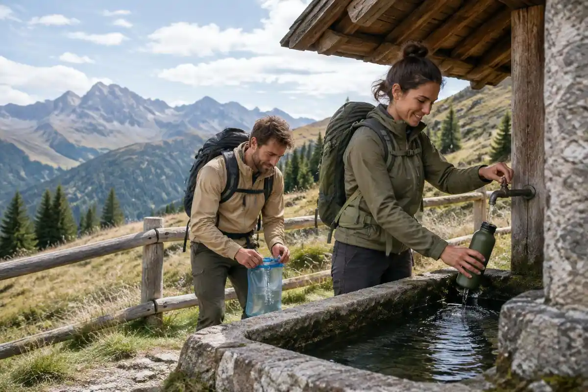 Two hikers filling water at a spring-fed hut trough in the mountains