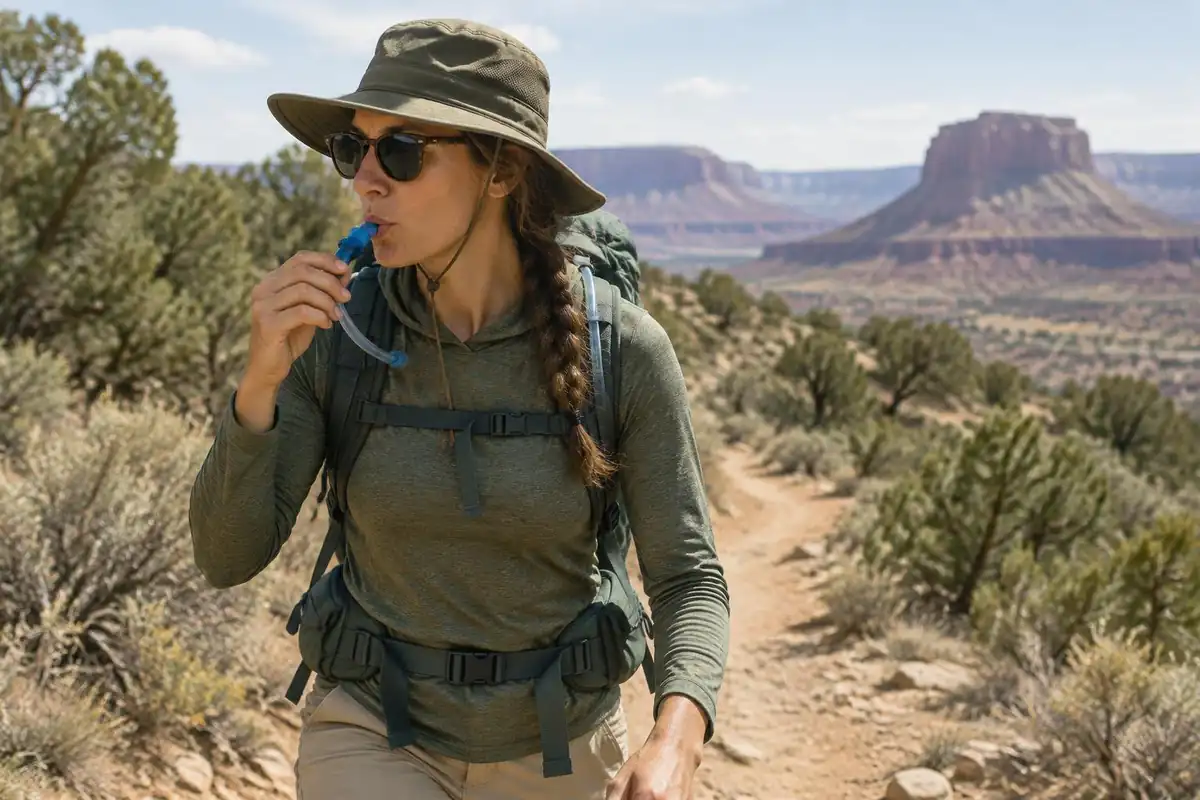 Hiker sipping from a hydration hose while walking a dusty trail