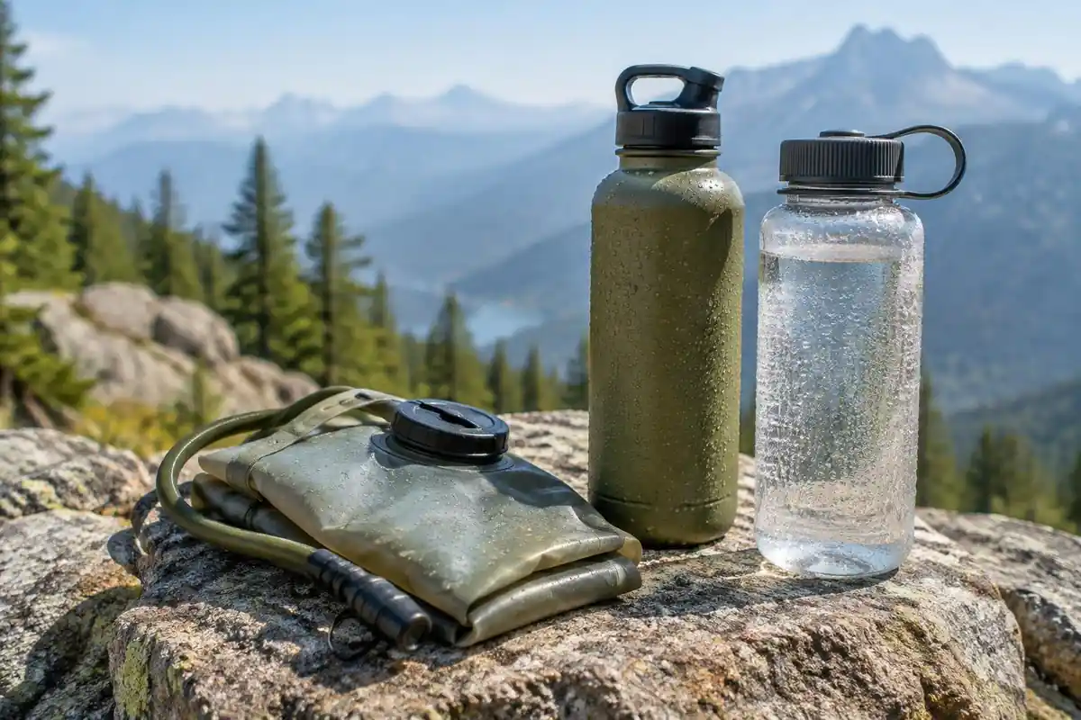 Bottles and a bladder set side by side on a rock ledge