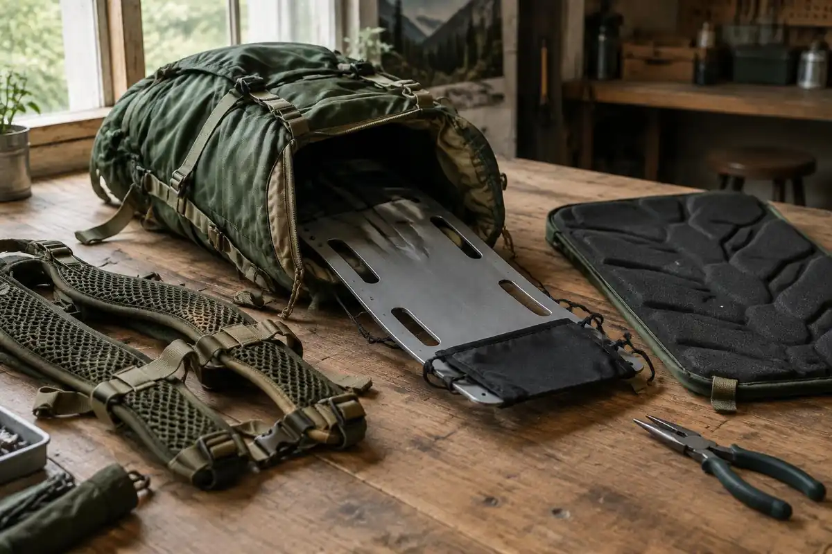 A pack with its frame sheet slid partly out lies beside a foam back panel