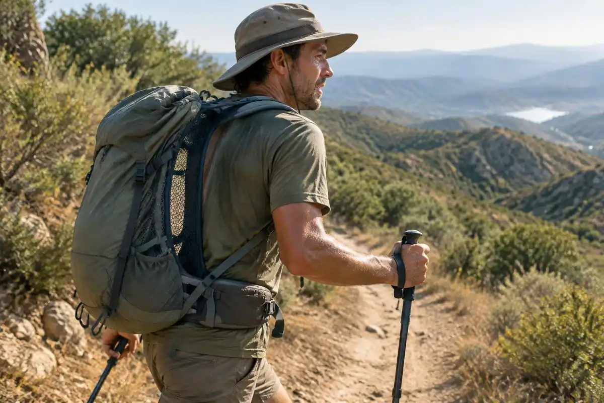 A sweating hiker in a sun hat walks a warm dusty trail with a ventilated pack