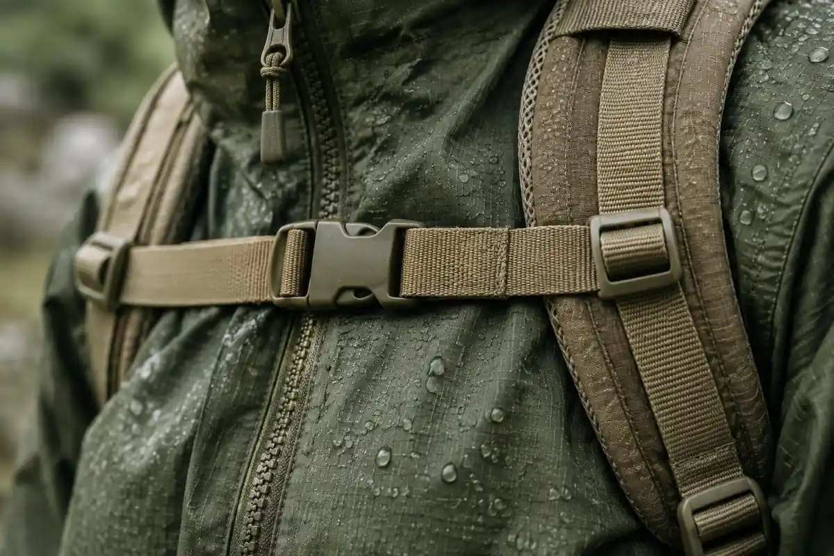 Close view of fabric weave, zipper teeth, and buckles on a jacketed pack