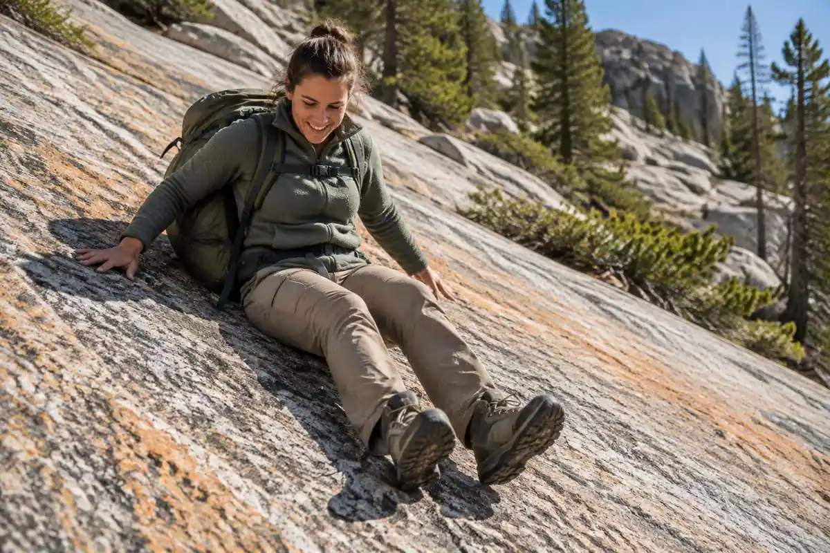 Hiker scrambling over abrasive granite slabs with rugged pack scraping
