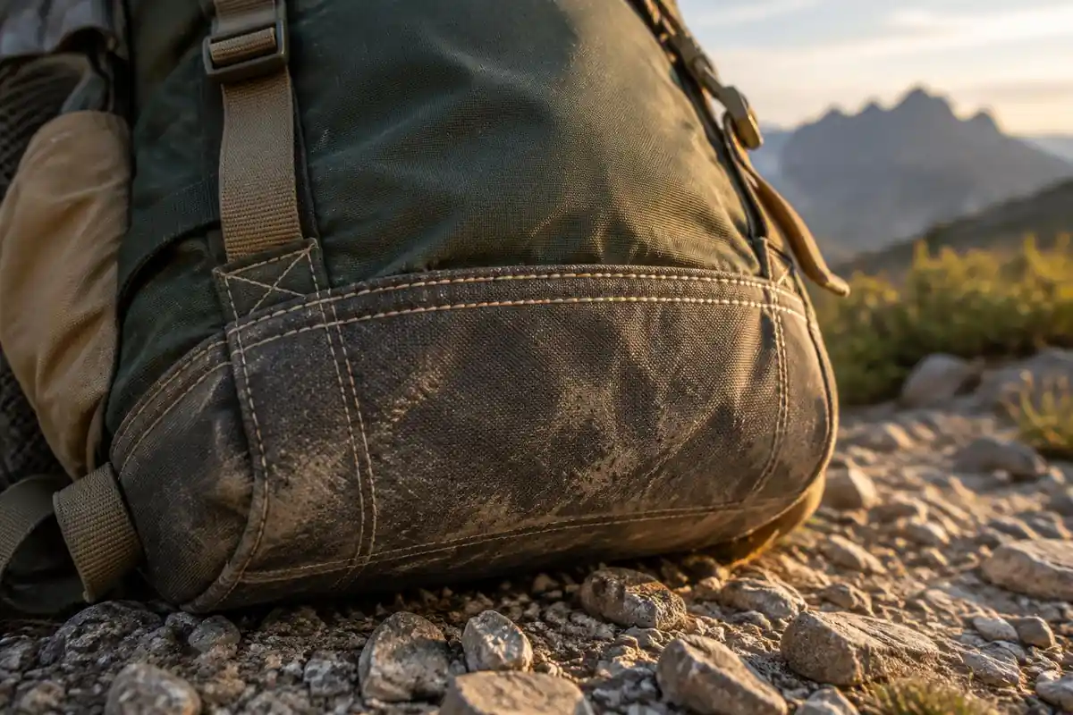 Close-up of tough woven fabric with reinforced base and stitching