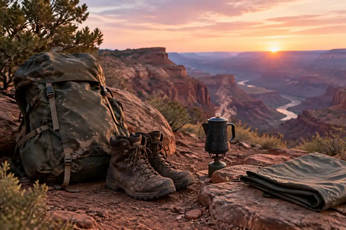 Dusty pack and boots by a canyon campsite at dawn