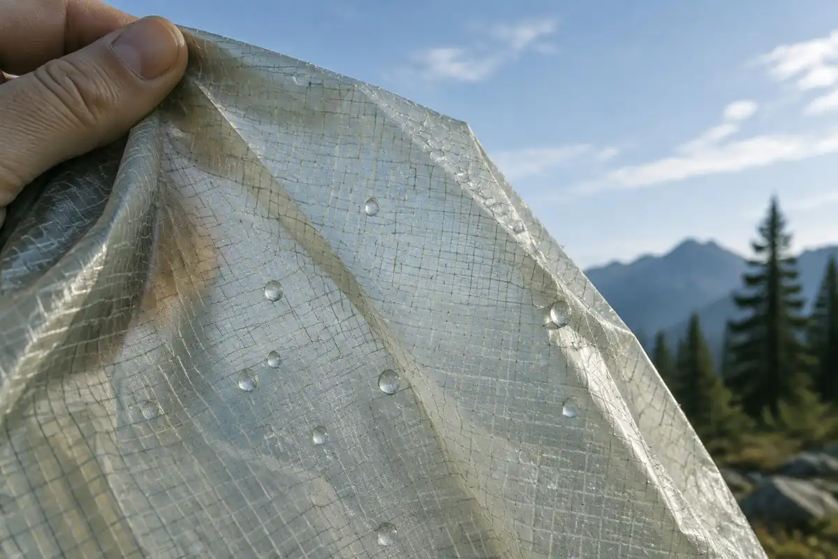 Translucent pale fabric with fine grid pattern catching the light
