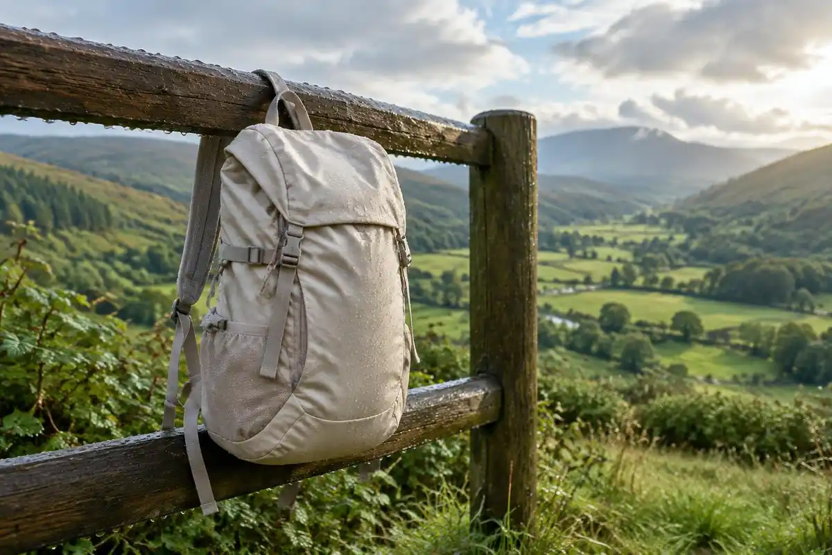 Rain-soaked ultralight pack drying on a fence after a shower