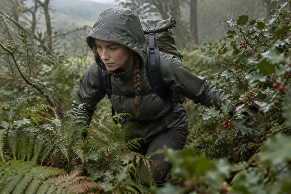 Hiker pushing through wet undergrowth with a minimalist roll-top pack