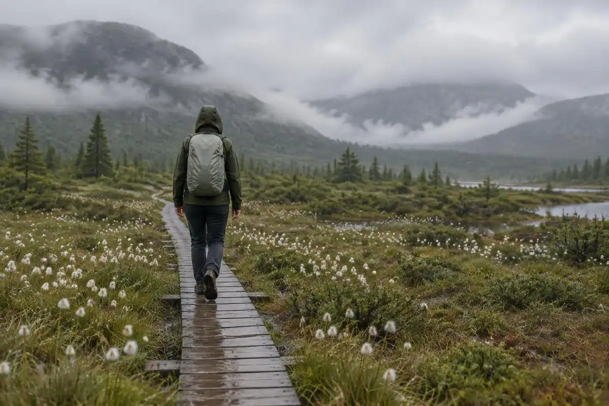 Hiker on a rain-soaked bog boardwalk with a weatherproof pack