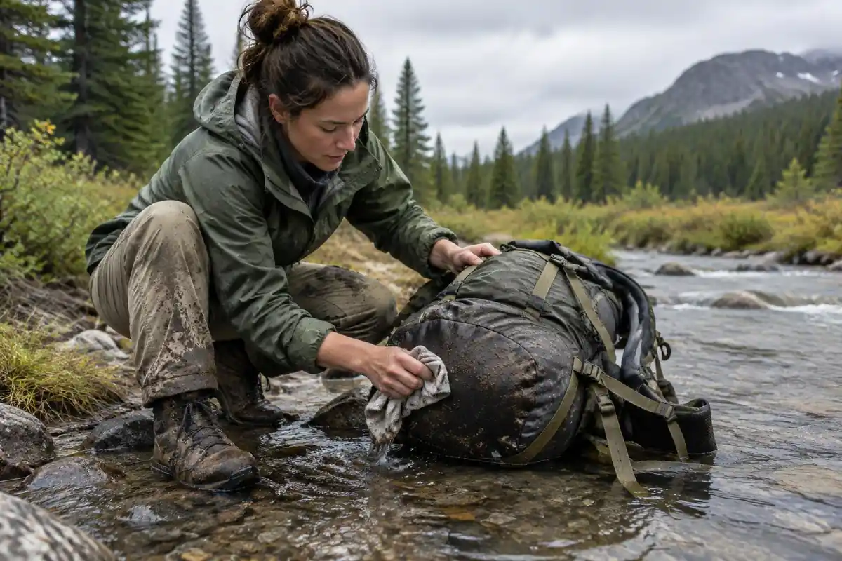 Backpacker scraping mud off a tough fabric pack by a stream