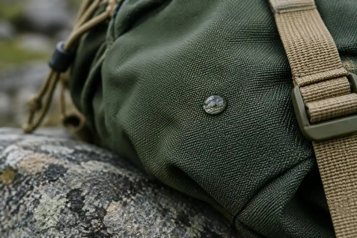Weave and threads of a tough fabric with a water bead