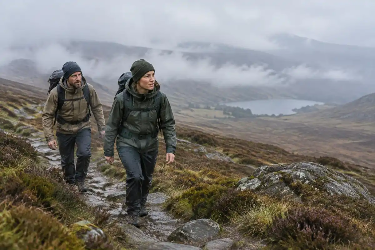 Hillside walkers in rugged pack fabrics on a rocky path in light drizzle