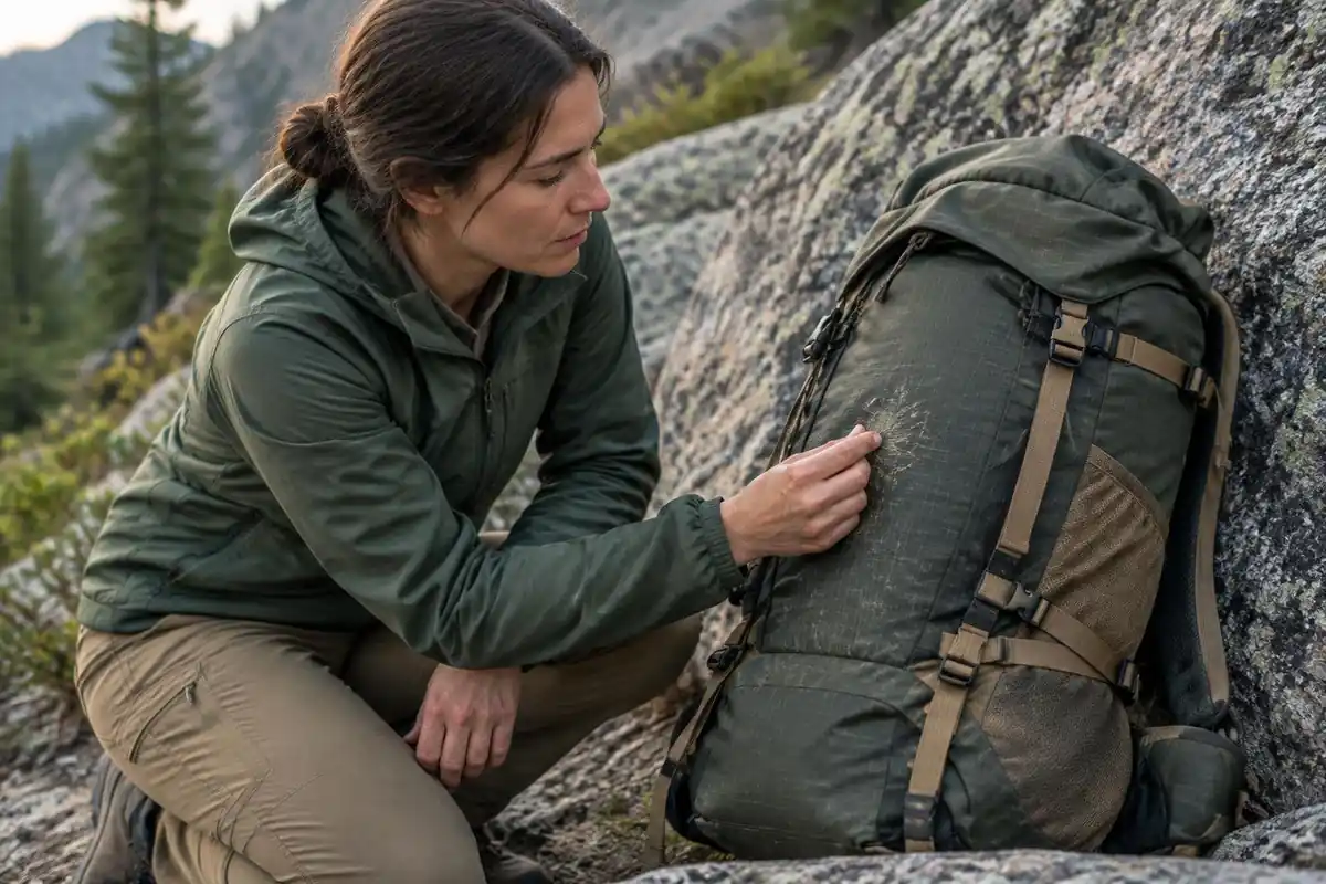 Woman running her hand across a scuffed pack fabric to check the wear