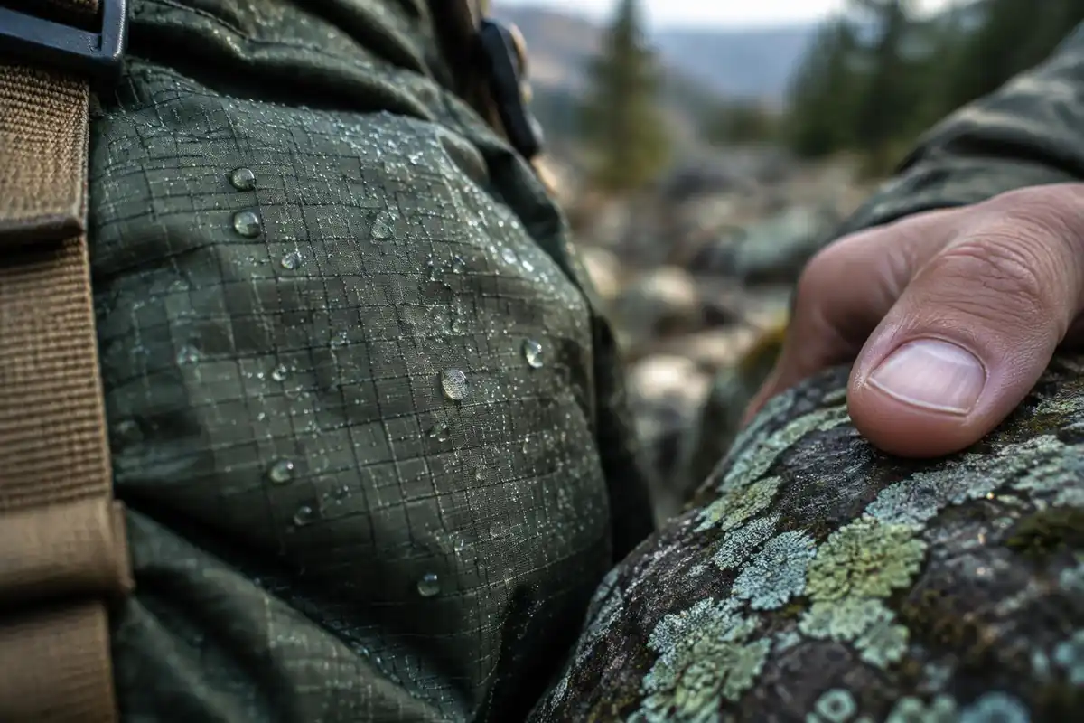 Woven fabric weave macro next to a thumb on a stone
