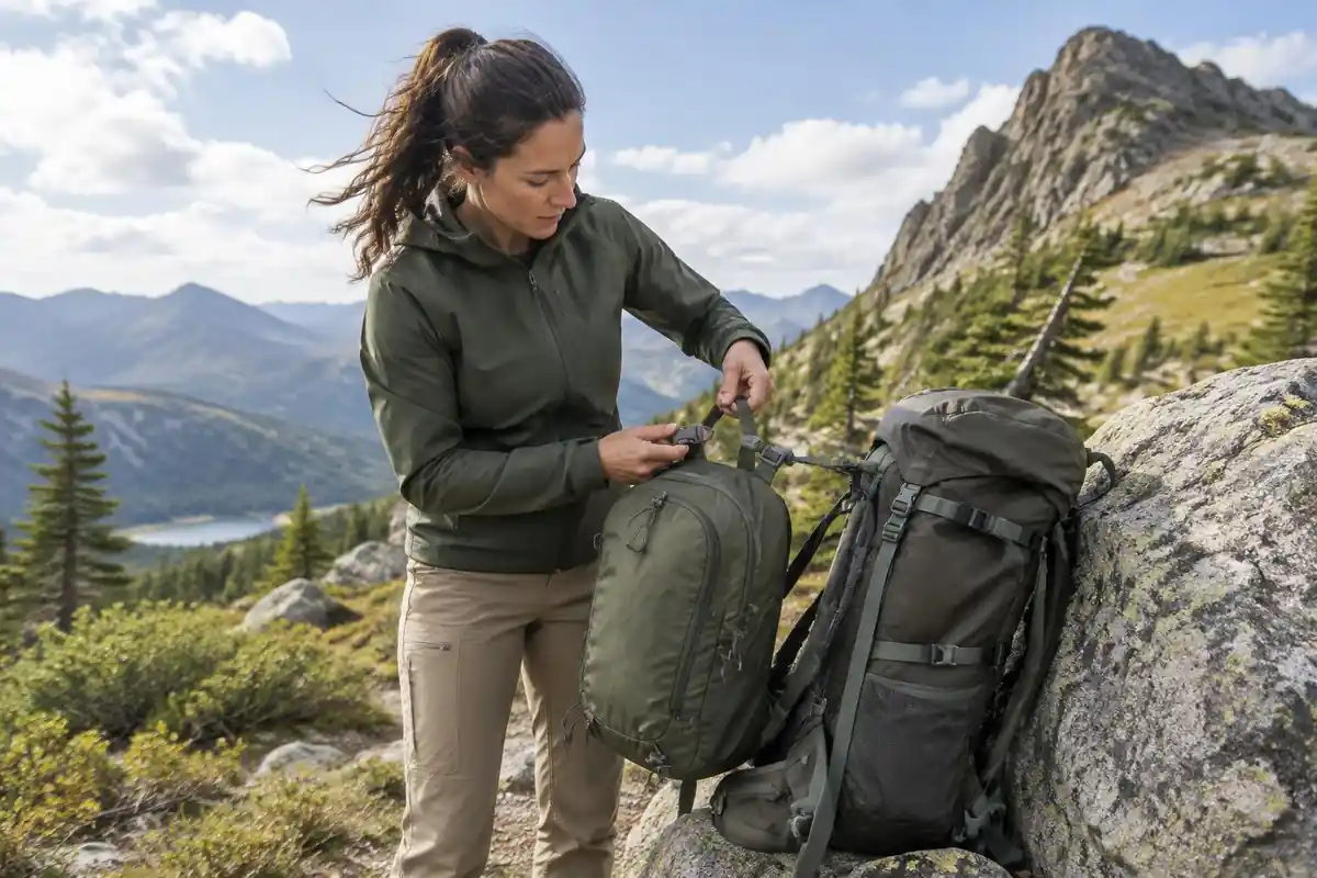 Hiker unclipping a small daypack from the main pack at a summit approach