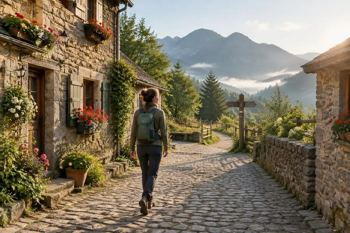 Village morning: traveller with small daypack walking a cobbled lane