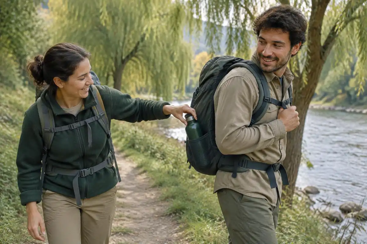 Friend passing a water bottle out of a side pocket without stopping
