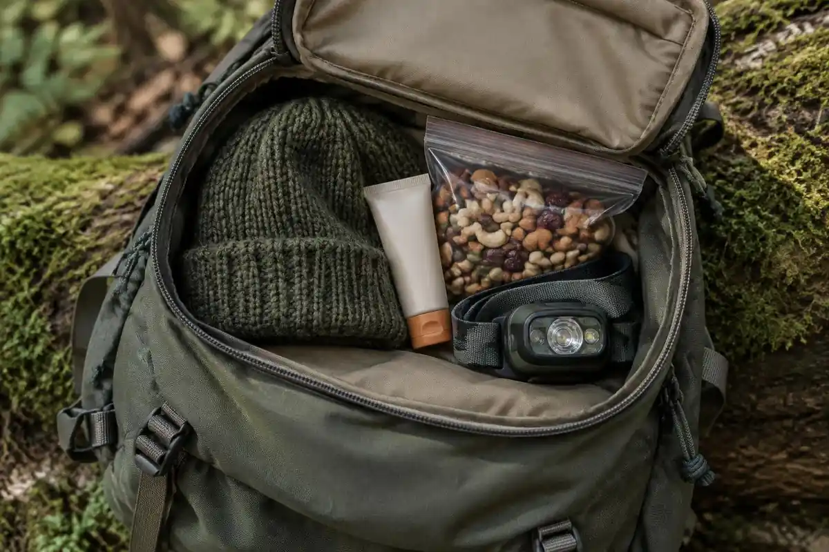 Lid pocket with a beanie, sunscreen and snacks