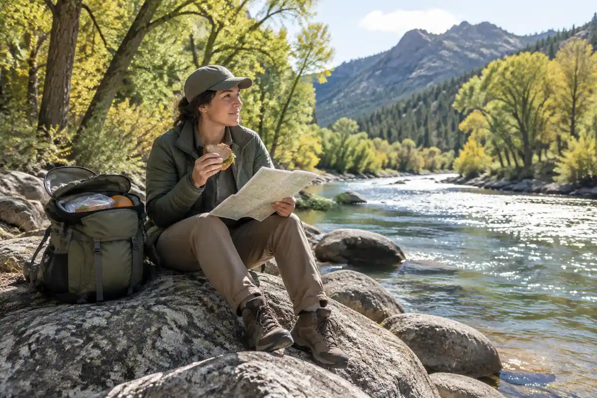 Hiker at a lunch spot with lid pocket open beside a river