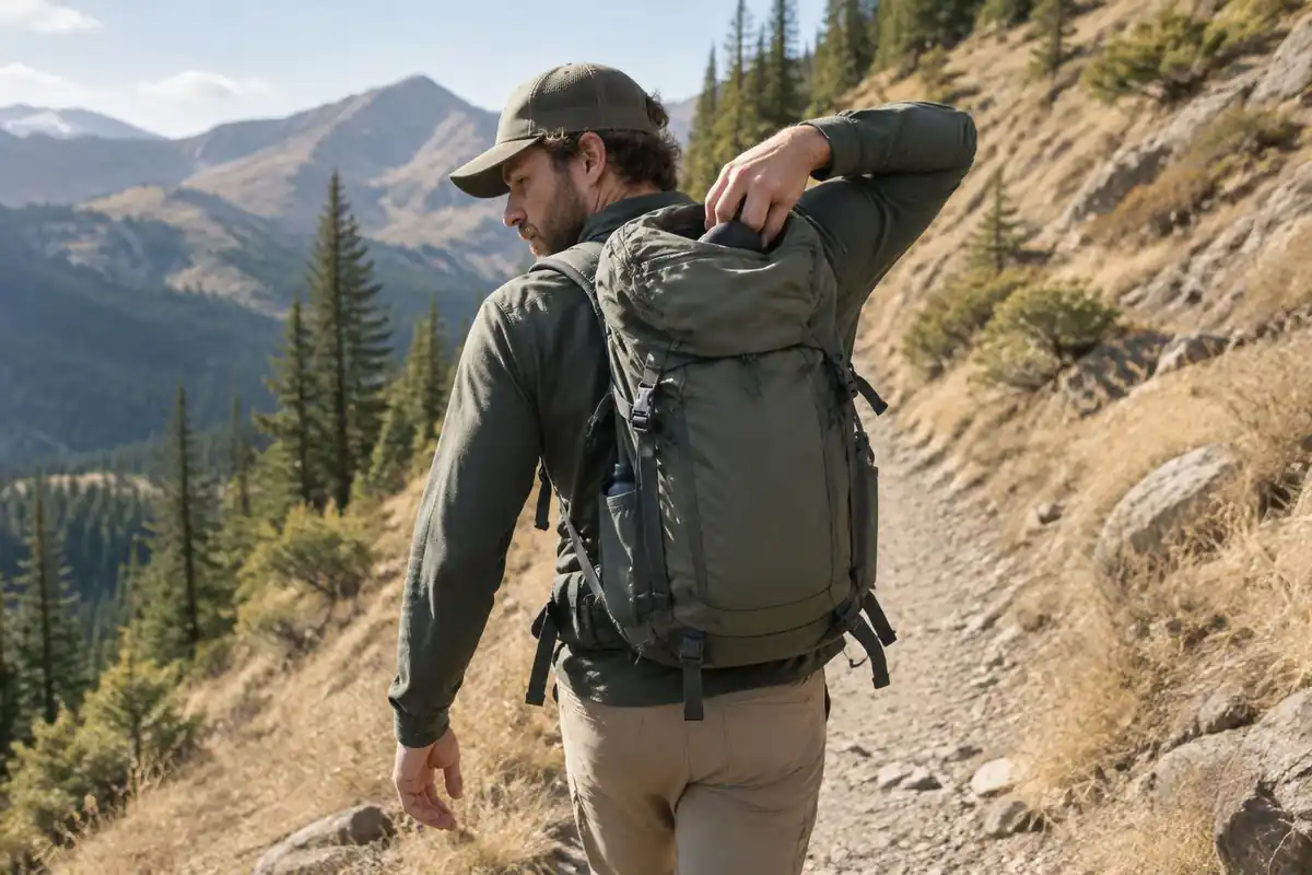 Hiker reaching up into the top pocket while walking a mountain track