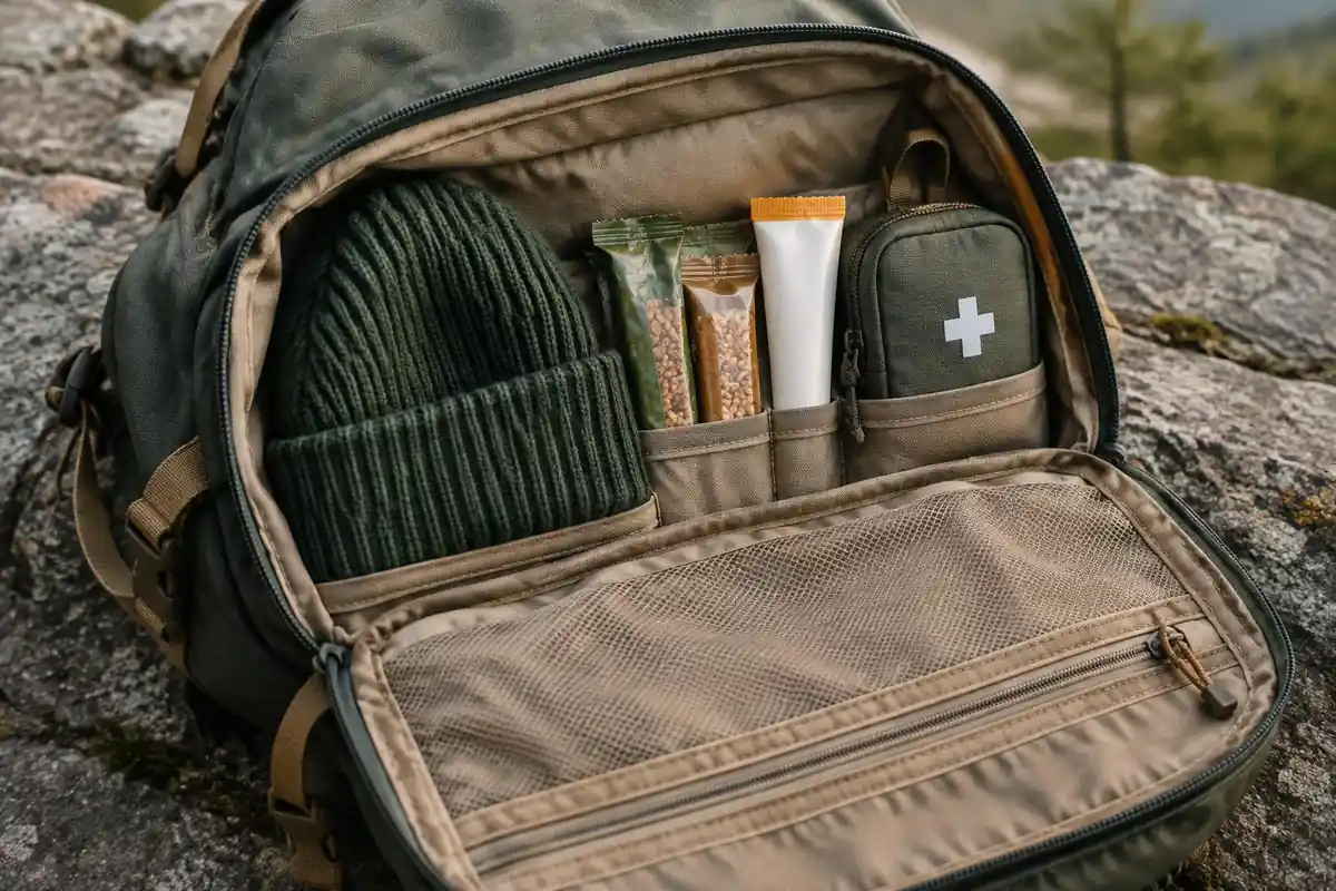 Lid pocket opened with sunscreen, beanie and snacks on a table