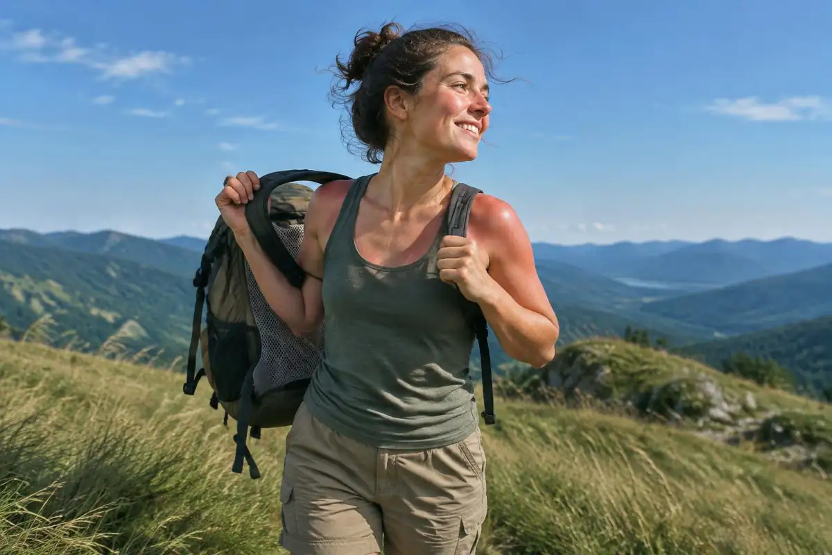 Hiker lifting her pack off her back to let breeze cool her shirt on a ridge