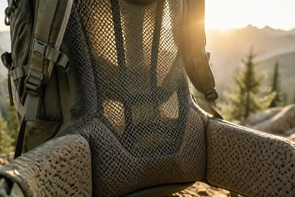Mesh back panel and perforated hipbelt close up with sunlight through