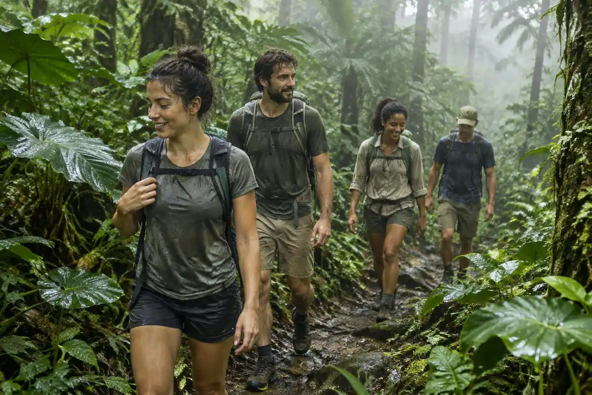 Group of hikers on a humid jungle trail with small packs, wet shirts