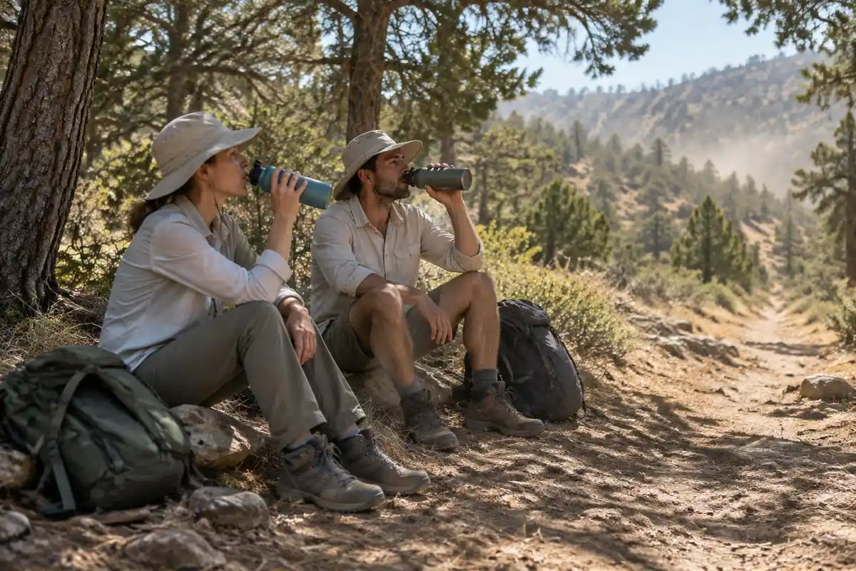 Hikers pausing in the shade of eucalyptus in dry summer heat