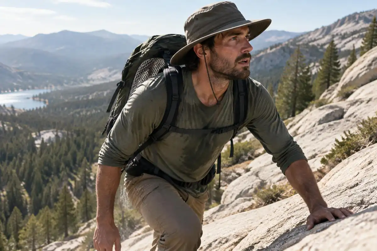 Hiker climbing an exposed sunny slope with a ventilated back panel