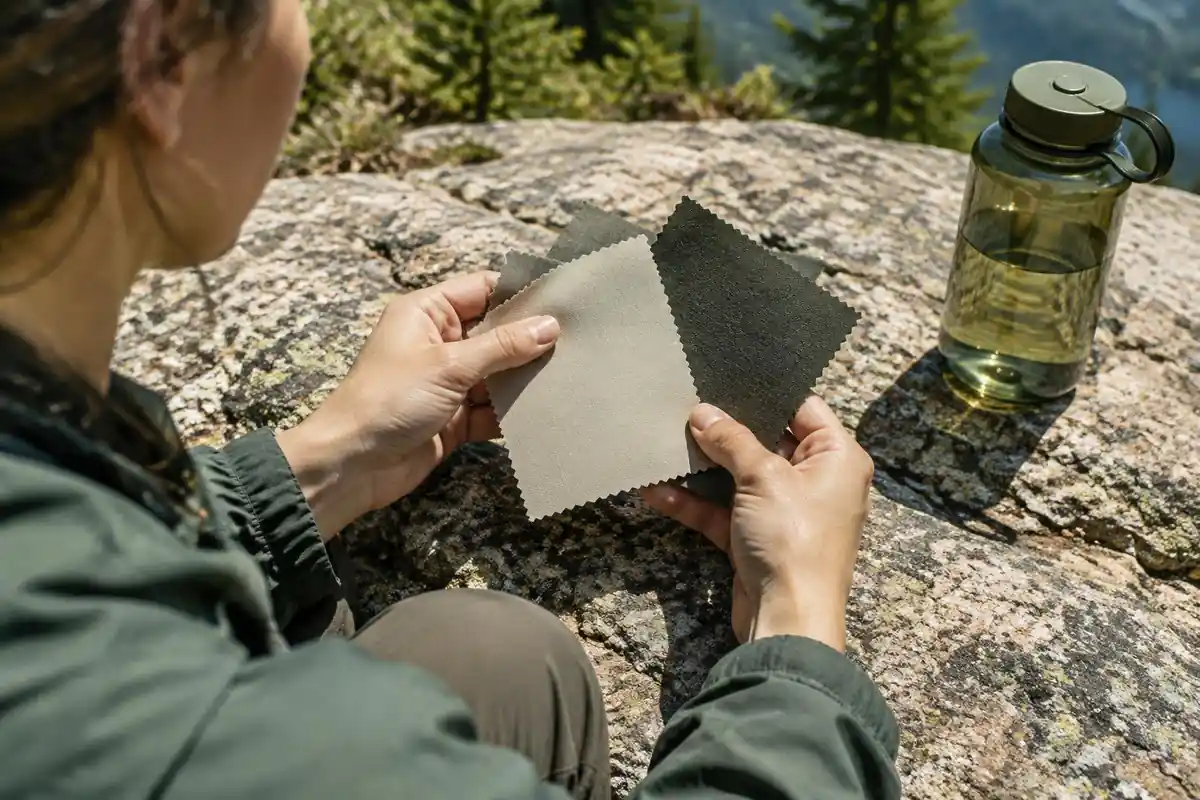 Hand holding a light-coloured pack fabric sample against dark fabric in sun