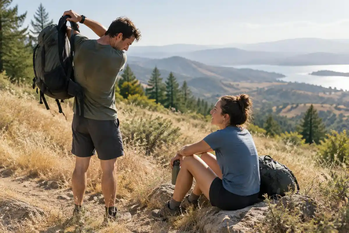 Sweaty trailside break with airflow gap on a warm ridge