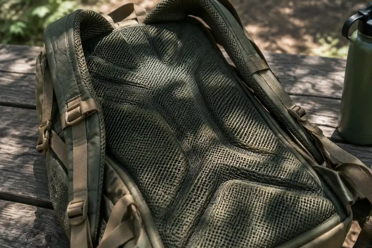 Mesh back panel fabric and foam close-up at a forest bench