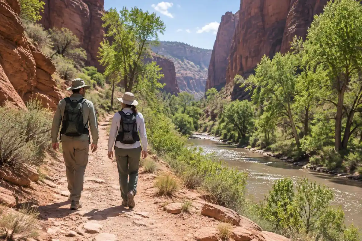 Family in a hot dry gorge with mesh-back day packs