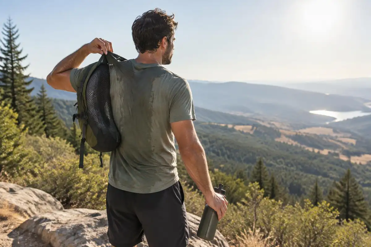 Man lifting his ventilated pack up to fan his back at a lookout