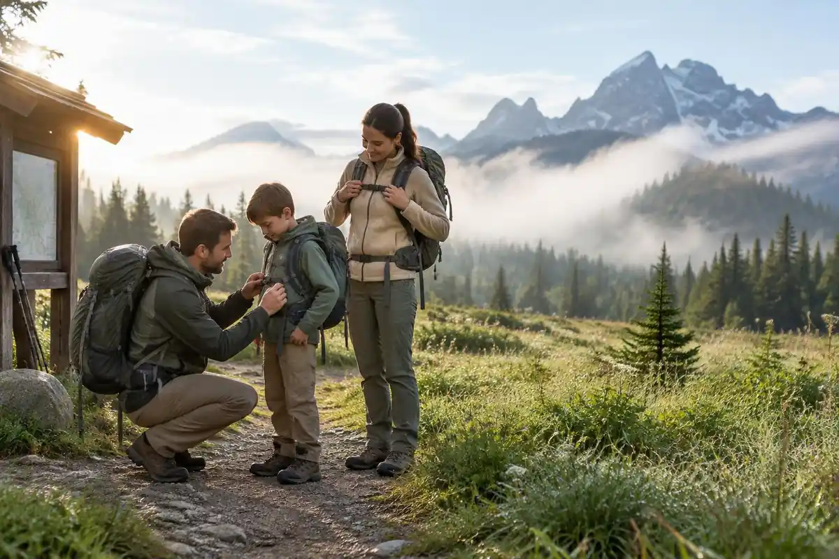 Family of three at a trailhead with packs being adjusted before starting