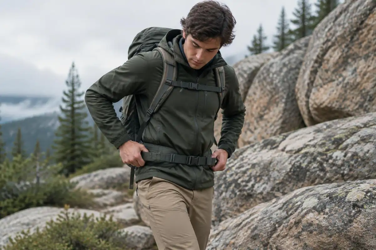 Hiker cinching a hip belt on a rock, hip bones marked with hands