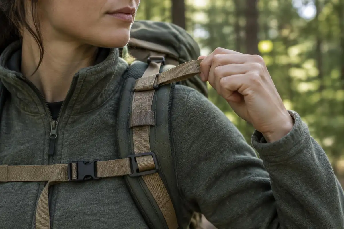 Fingers pulling a load lifter strap forward at a shoulder