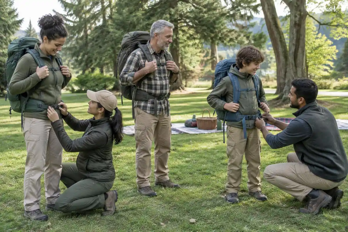 Group fit clinic on a lawn with several people trying different packs