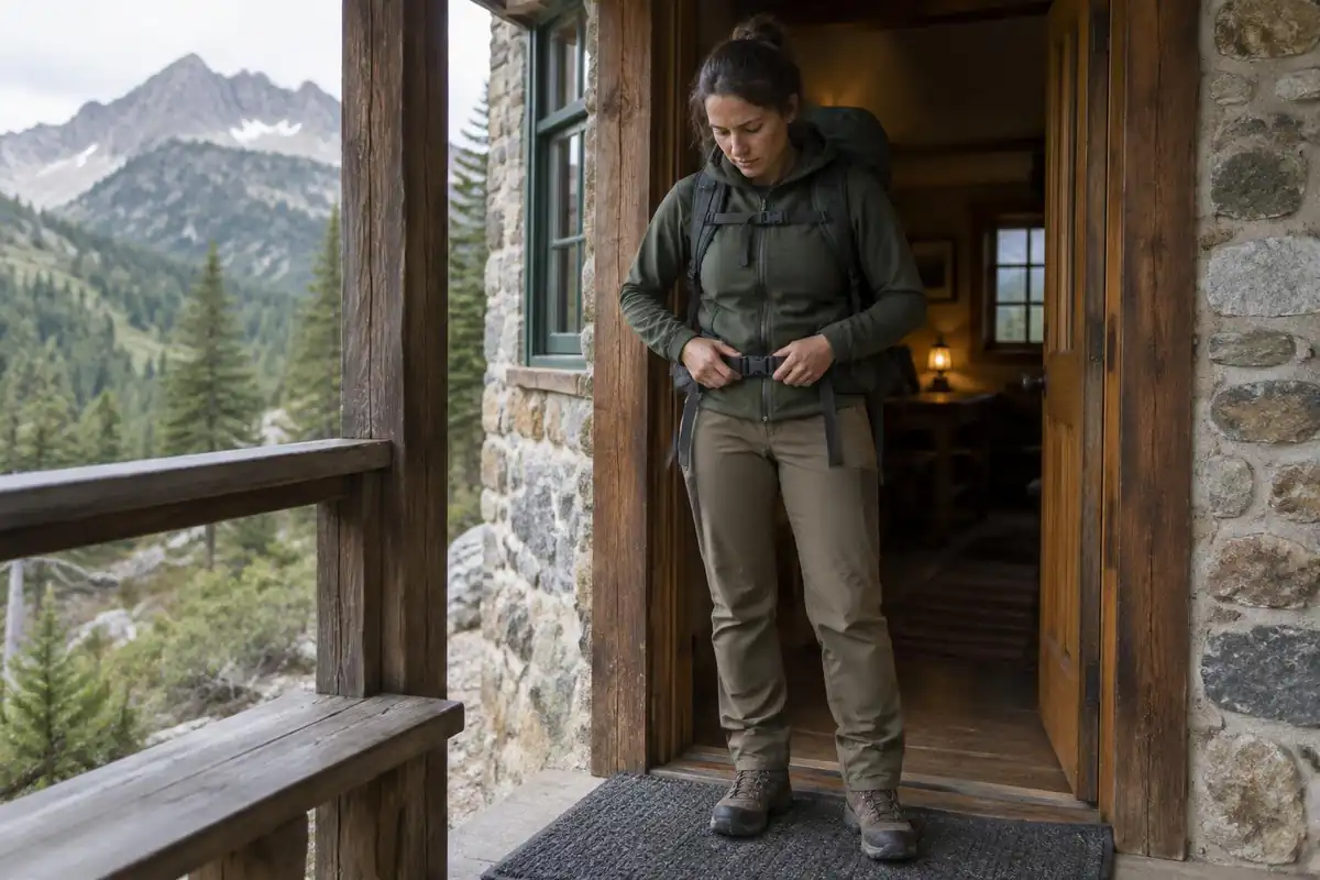 Hiker loosening the hip belt then re-tightening it a notch